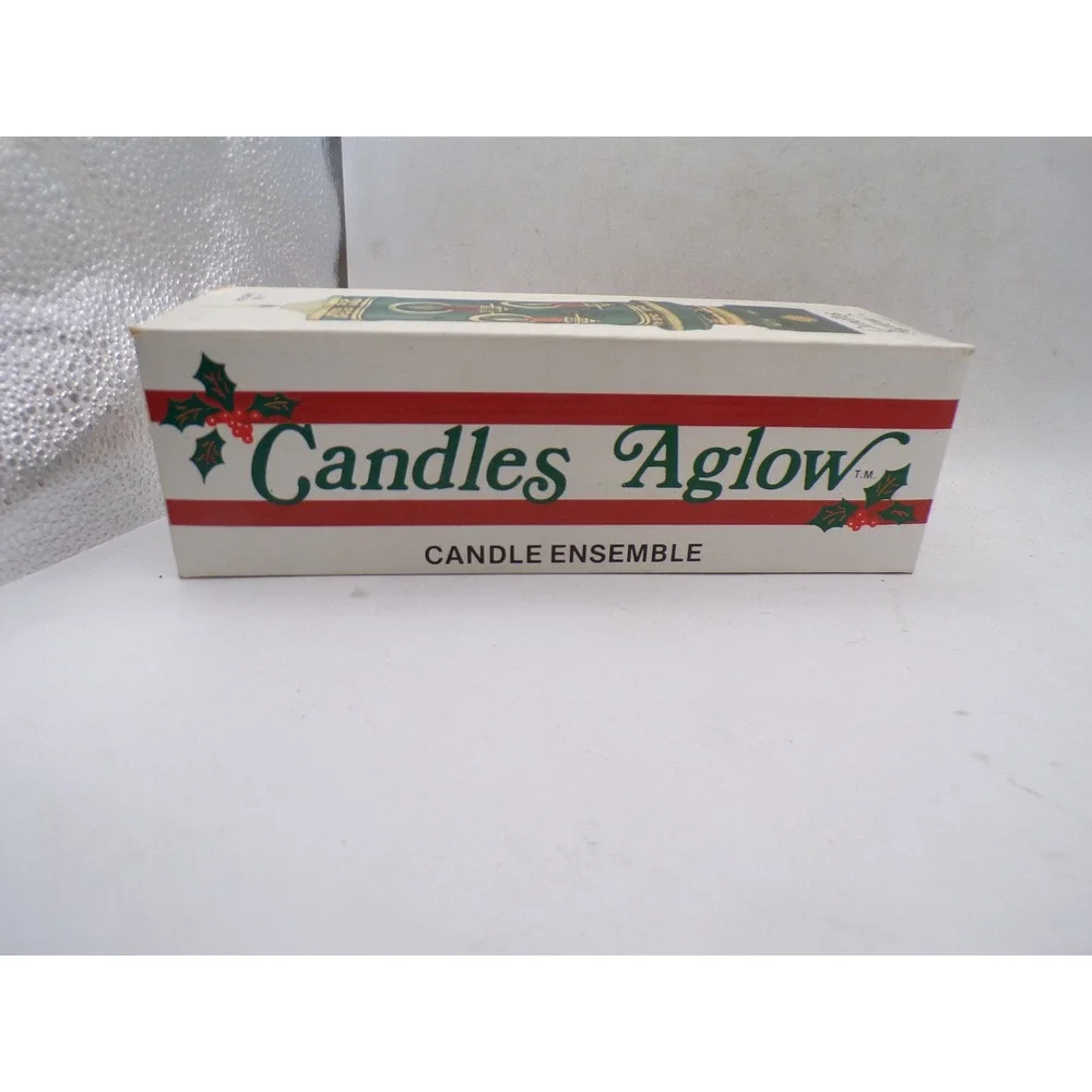 Vintage Candles Aglow Christmas Candle Ensemble Green Gold Holly 8.5 Inch Pillar